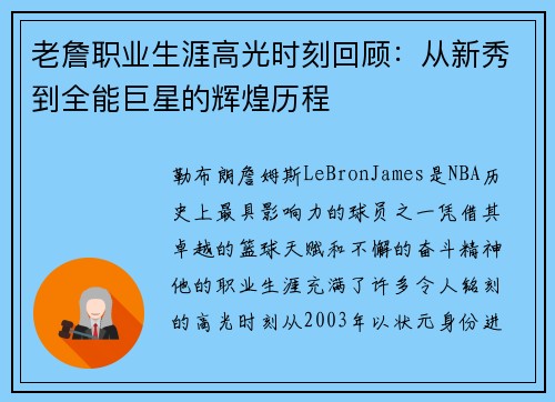 老詹职业生涯高光时刻回顾：从新秀到全能巨星的辉煌历程
