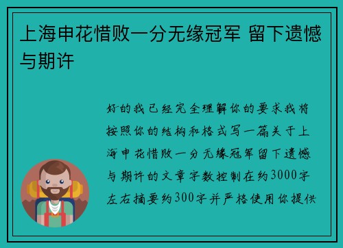 上海申花惜败一分无缘冠军 留下遗憾与期许